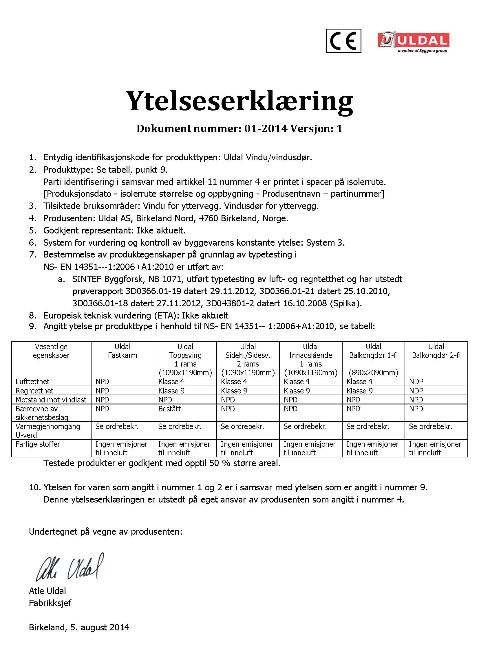 Ytelseserklæring / CE merking