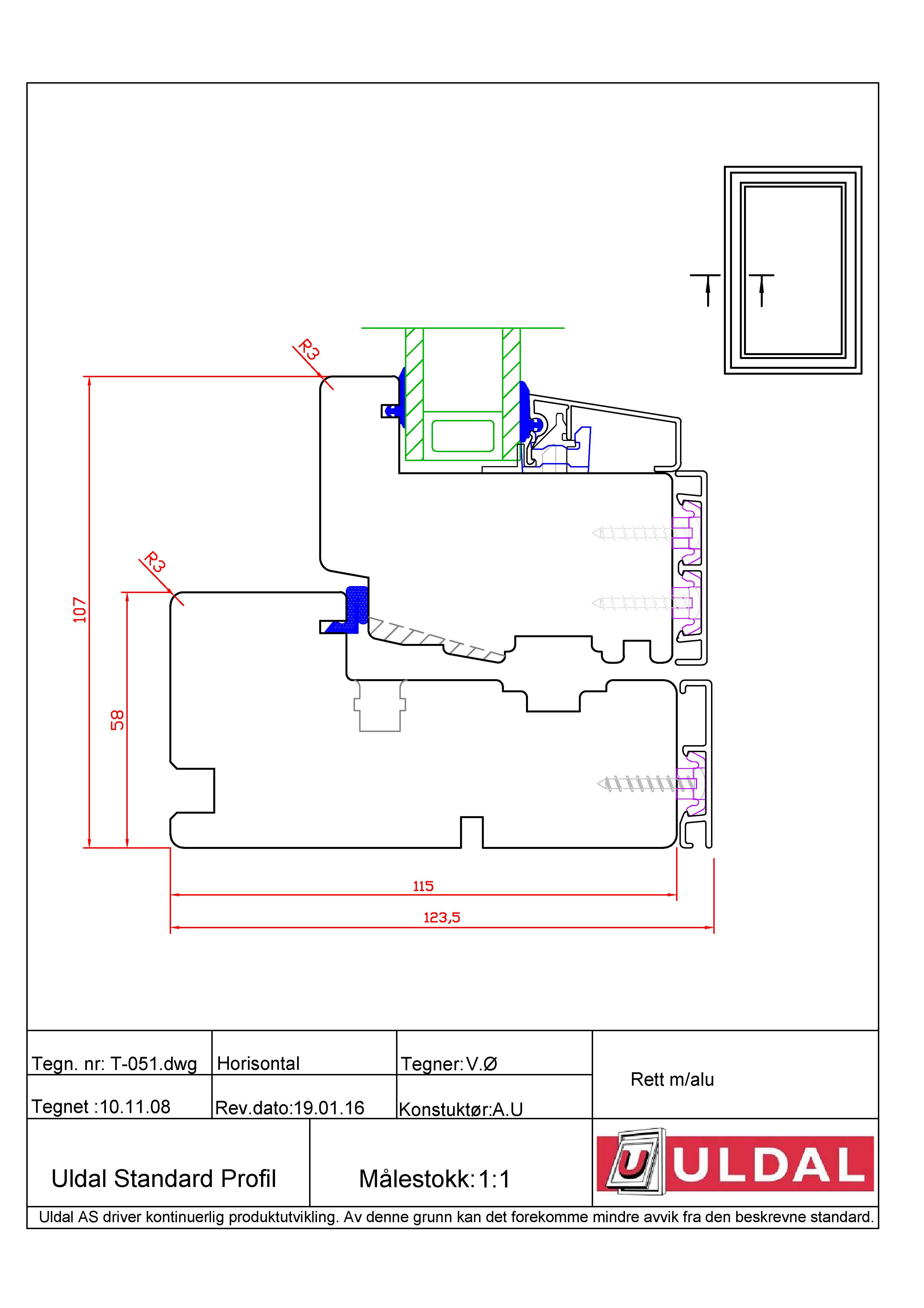 T051 Toppsving/sidehengslet ALU - RETT profil