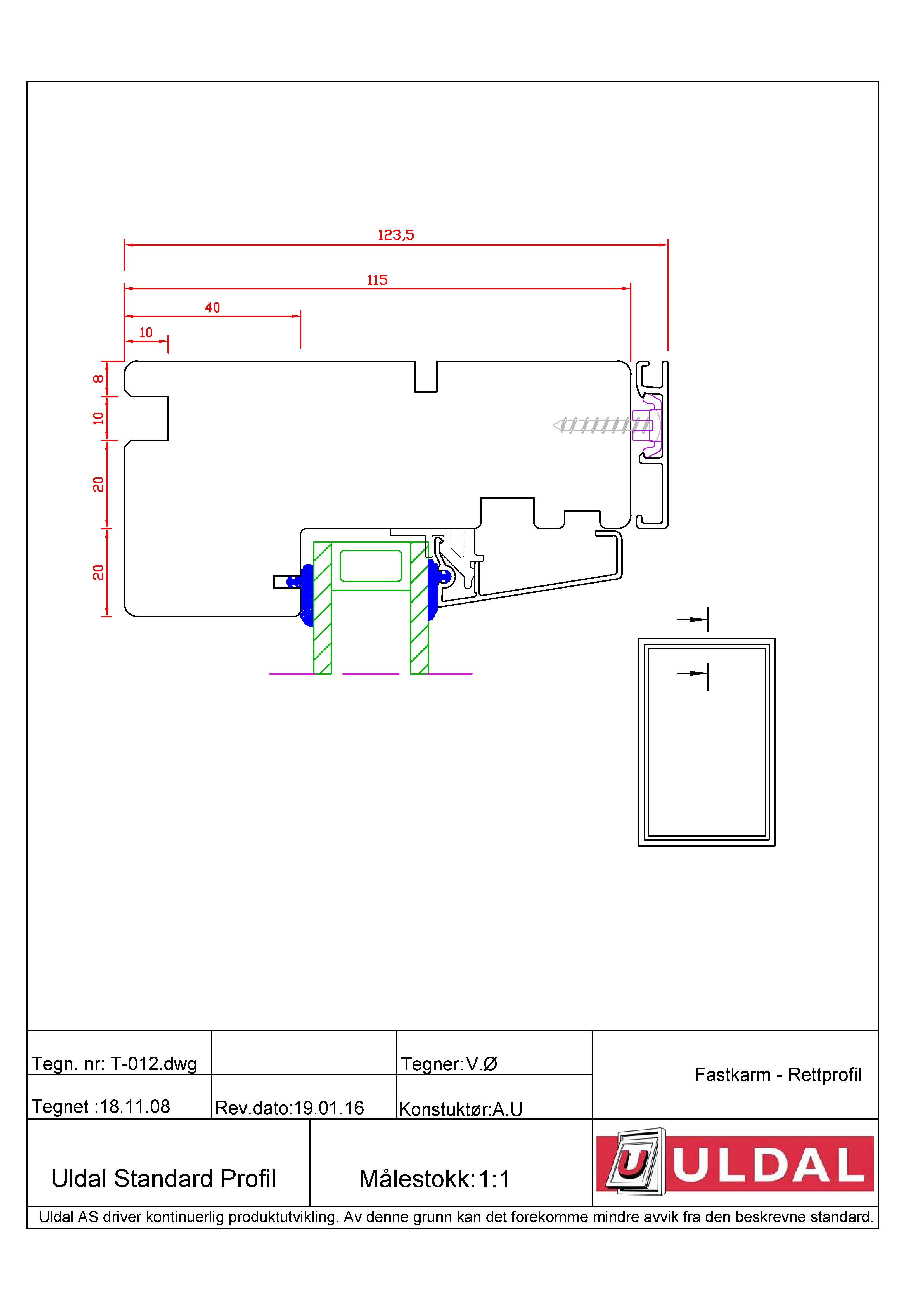T012 Fastkarm ALU - RETT profil