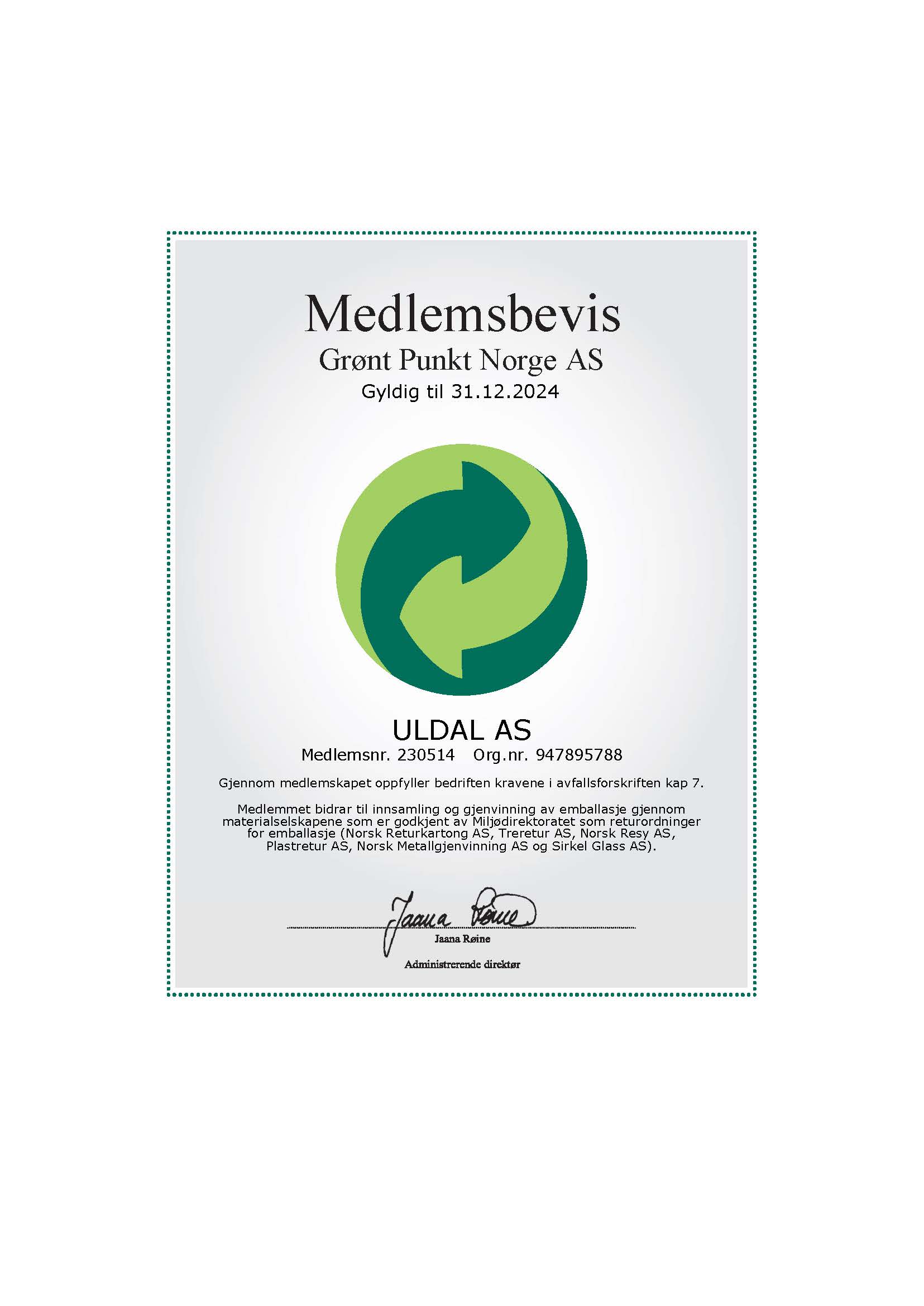 Grønt Punkt Medlemsbevis